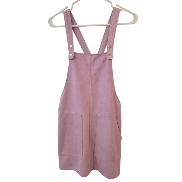 NWOT. FOREVER 21 VELVET FEEL OVERALLS MINI SKIRT. PURPLE. SIZE LARGE. - Picture 1 of 8